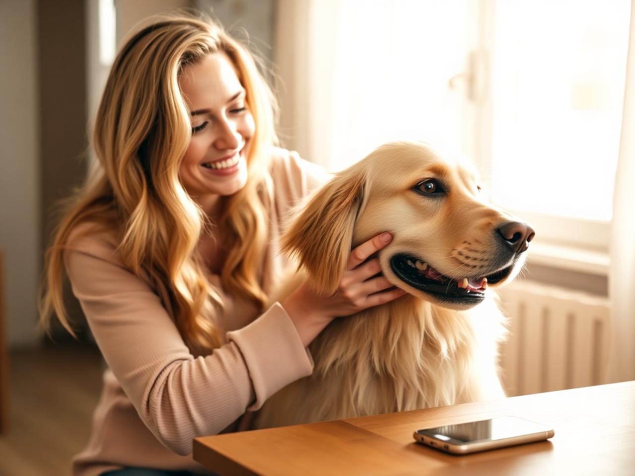 Mobile dog groomer smiling with a golden retriever